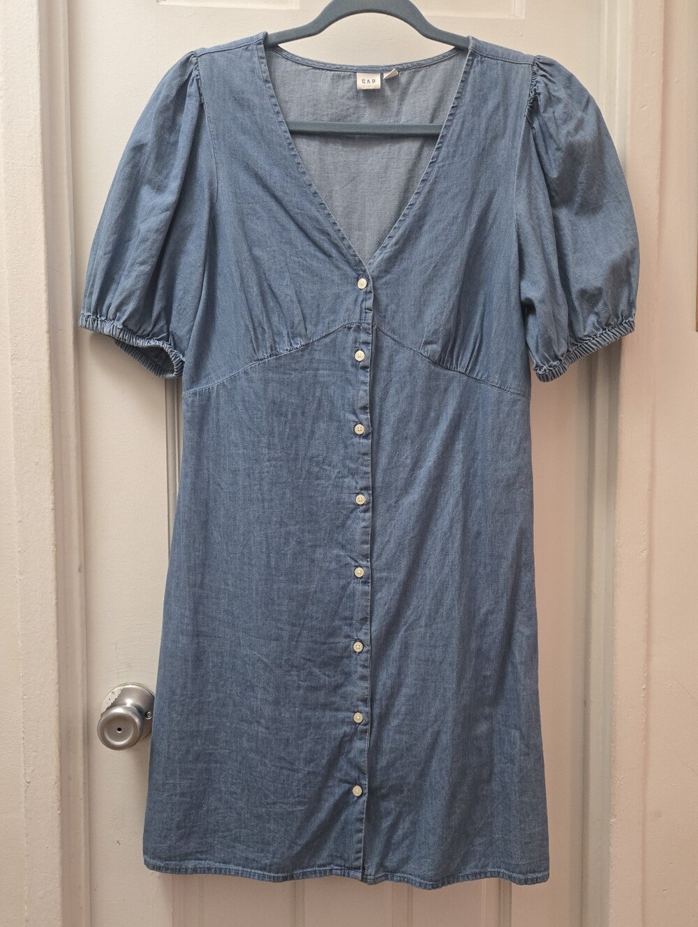 GAP Blue Denim Cotton Puff Sleeve Mini Dress Short Sleeve Cottagecore Small - Picture 2 of 7